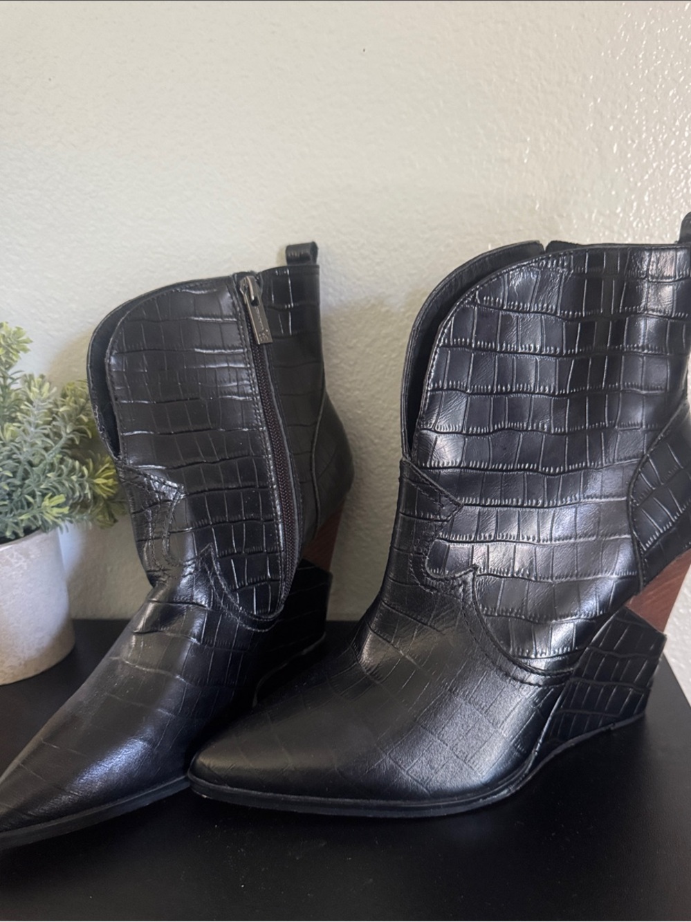 Jessica Simpson Black Croc-Embossed Wedge Booties